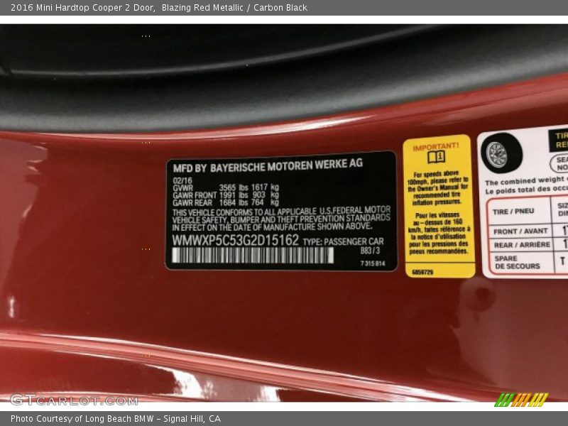 Blazing Red Metallic / Carbon Black 2016 Mini Hardtop Cooper 2 Door