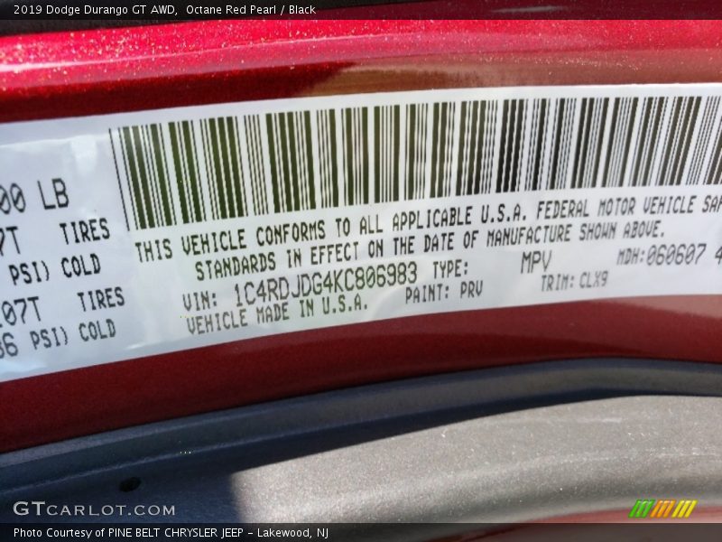 Octane Red Pearl / Black 2019 Dodge Durango GT AWD