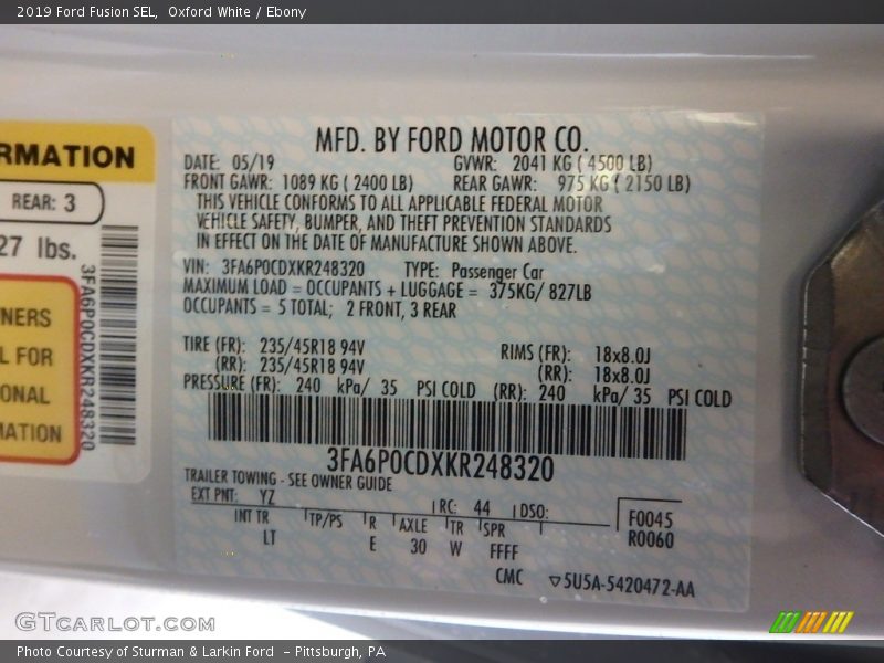 Oxford White / Ebony 2019 Ford Fusion SEL