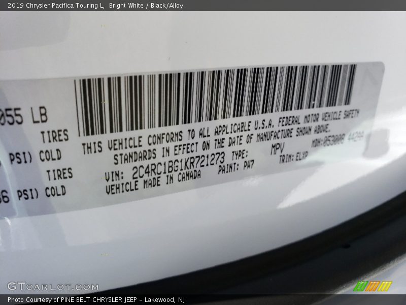 2019 Pacifica Touring L Bright White Color Code PW7