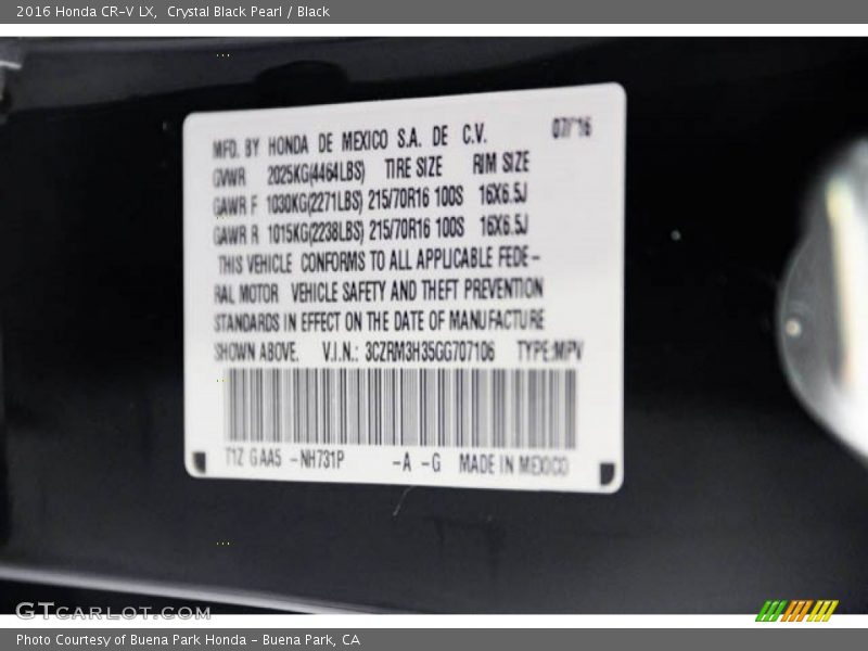 Crystal Black Pearl / Black 2016 Honda CR-V LX