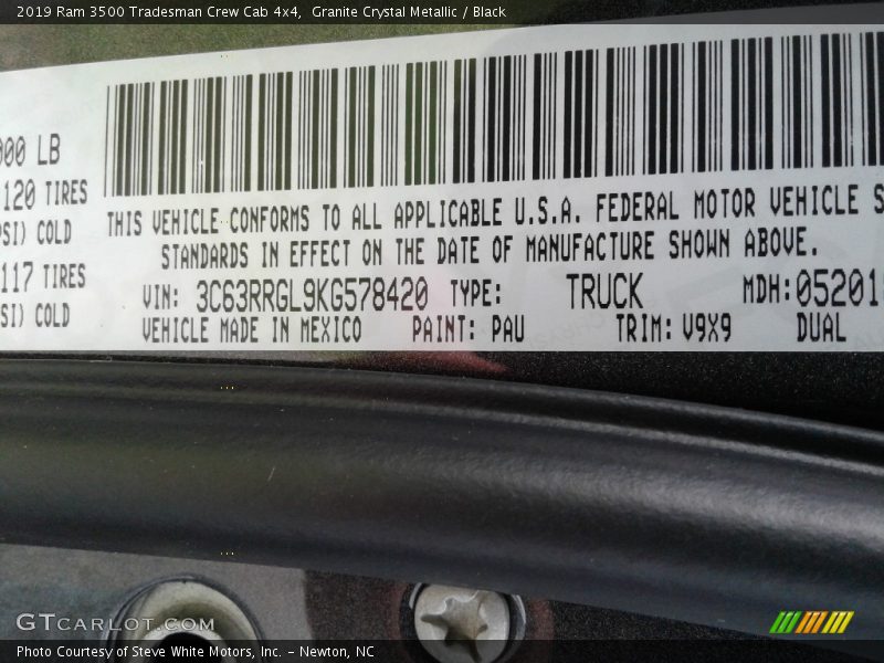 2019 3500 Tradesman Crew Cab 4x4 Granite Crystal Metallic Color Code PAU