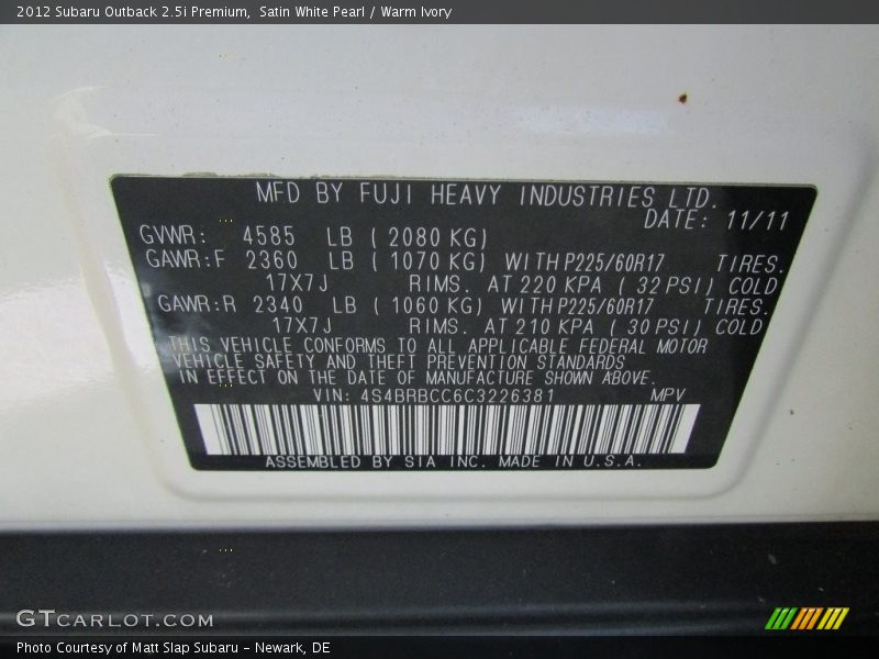 Satin White Pearl / Warm Ivory 2012 Subaru Outback 2.5i Premium