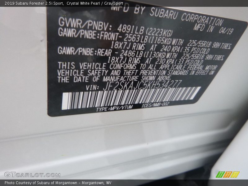 Crystal White Pearl / Gray Sport 2019 Subaru Forester 2.5i Sport