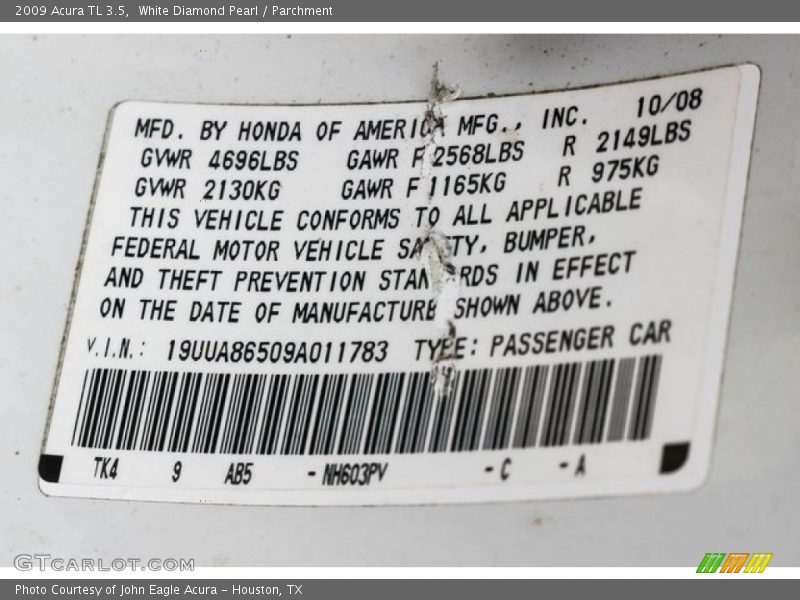 White Diamond Pearl / Parchment 2009 Acura TL 3.5