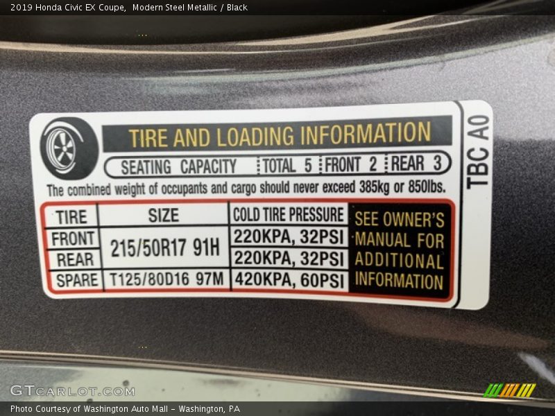 Modern Steel Metallic / Black 2019 Honda Civic EX Coupe