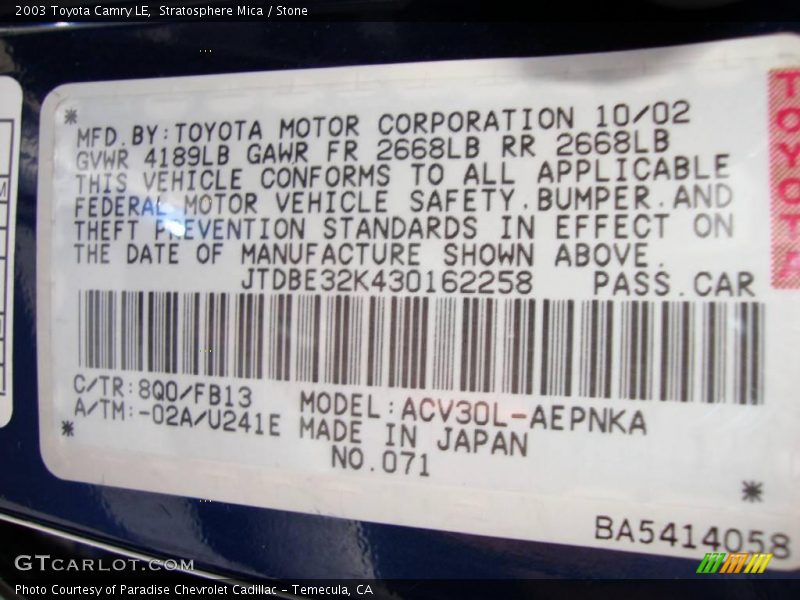 Stratosphere Mica / Stone 2003 Toyota Camry LE