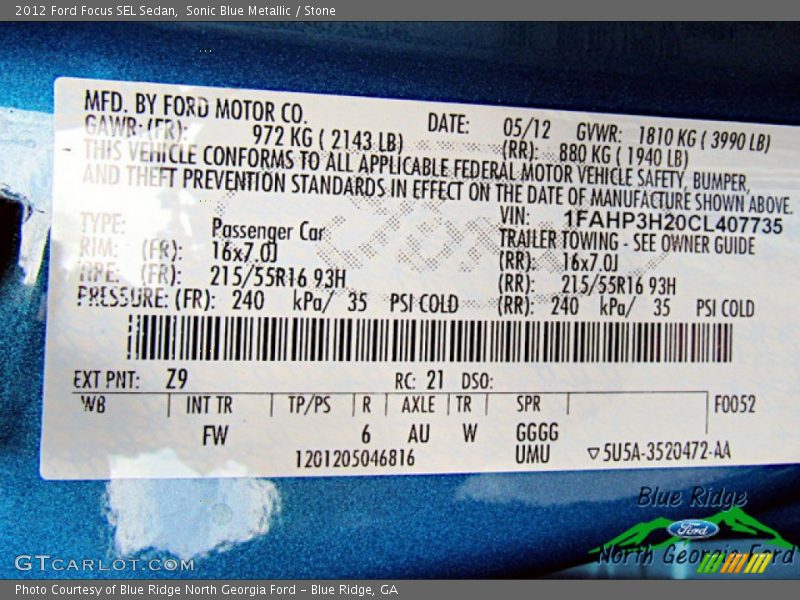 Sonic Blue Metallic / Stone 2012 Ford Focus SEL Sedan