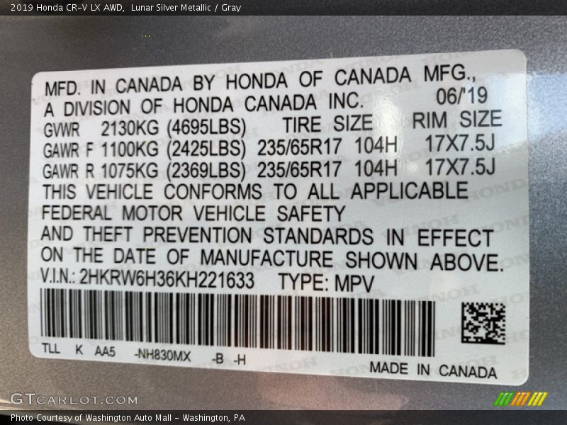 Lunar Silver Metallic / Gray 2019 Honda CR-V LX AWD