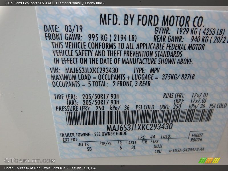 Diamond White / Ebony Black 2019 Ford EcoSport SES 4WD