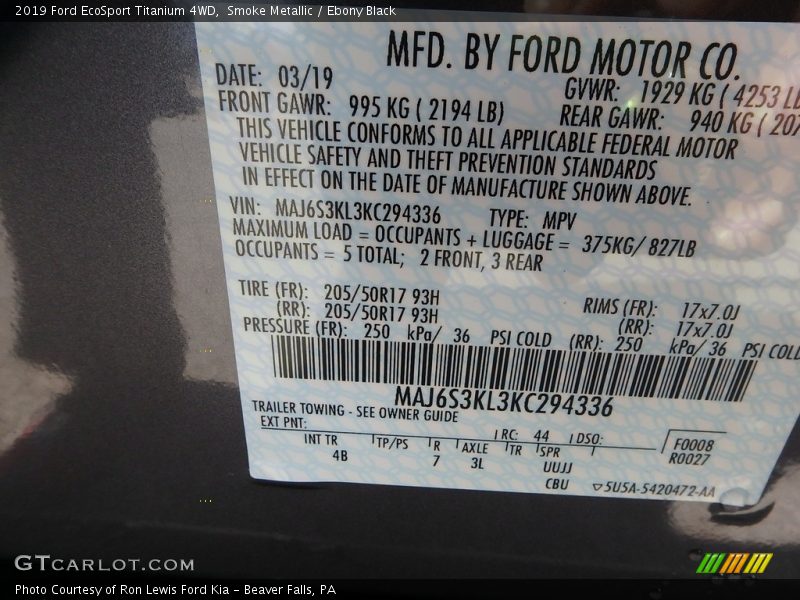 Smoke Metallic / Ebony Black 2019 Ford EcoSport Titanium 4WD