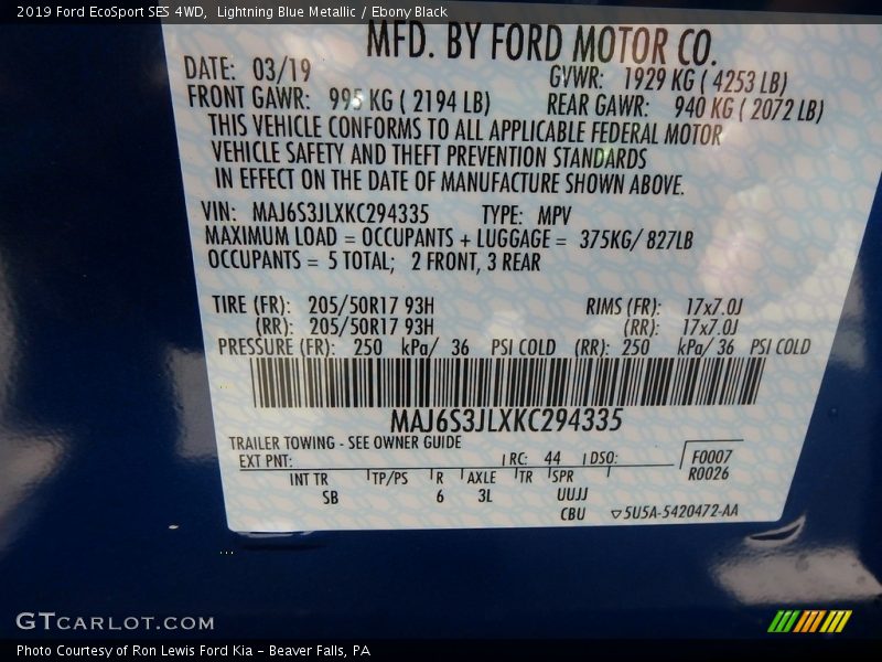 Lightning Blue Metallic / Ebony Black 2019 Ford EcoSport SES 4WD
