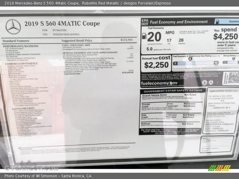  2019 S 560 4Matic Coupe Window Sticker