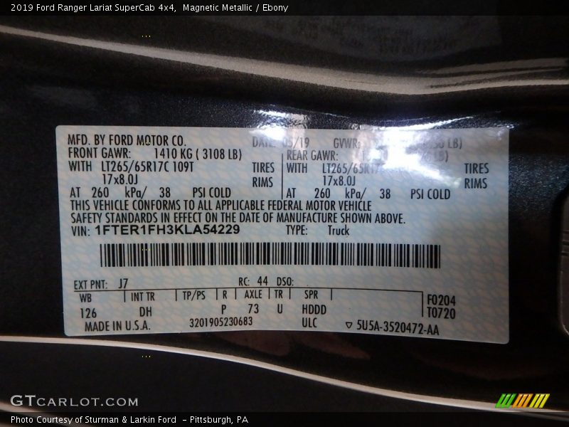 2019 Ranger Lariat SuperCab 4x4 Magnetic Metallic Color Code J7