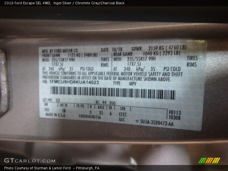 Ingot Silver / Chromite Gray/Charcoal Black 2019 Ford Escape SEL 4WD