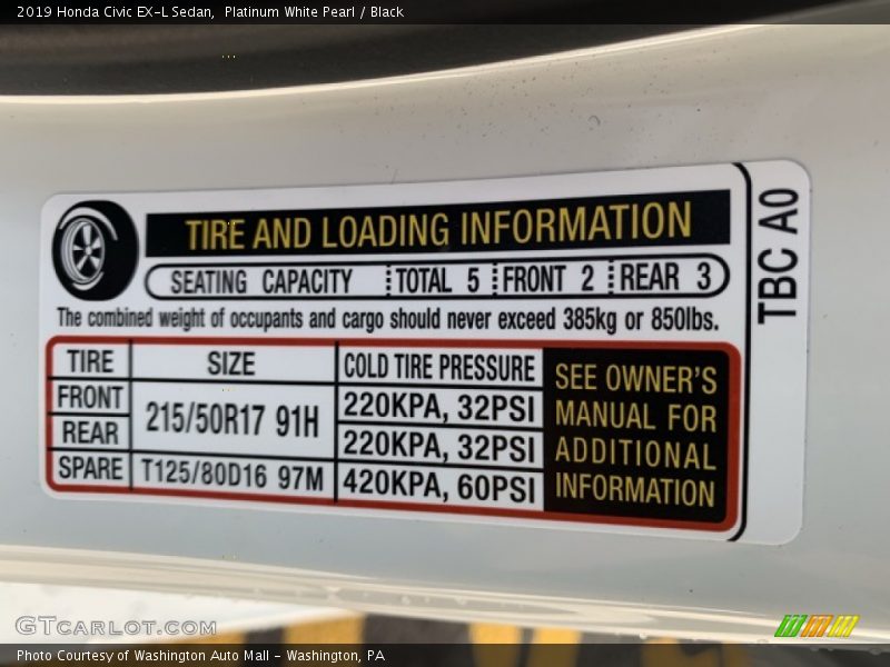 Platinum White Pearl / Black 2019 Honda Civic EX-L Sedan