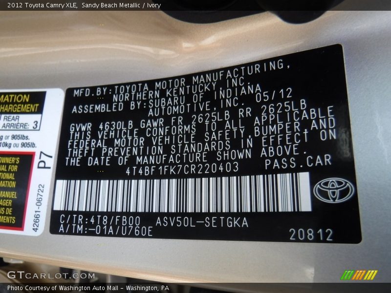 Sandy Beach Metallic / Ivory 2012 Toyota Camry XLE