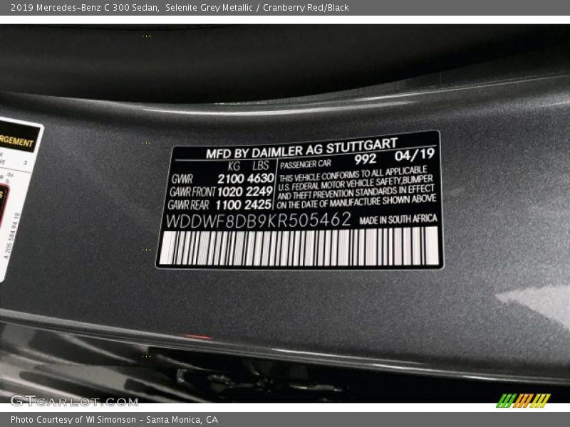 Selenite Grey Metallic / Cranberry Red/Black 2019 Mercedes-Benz C 300 Sedan