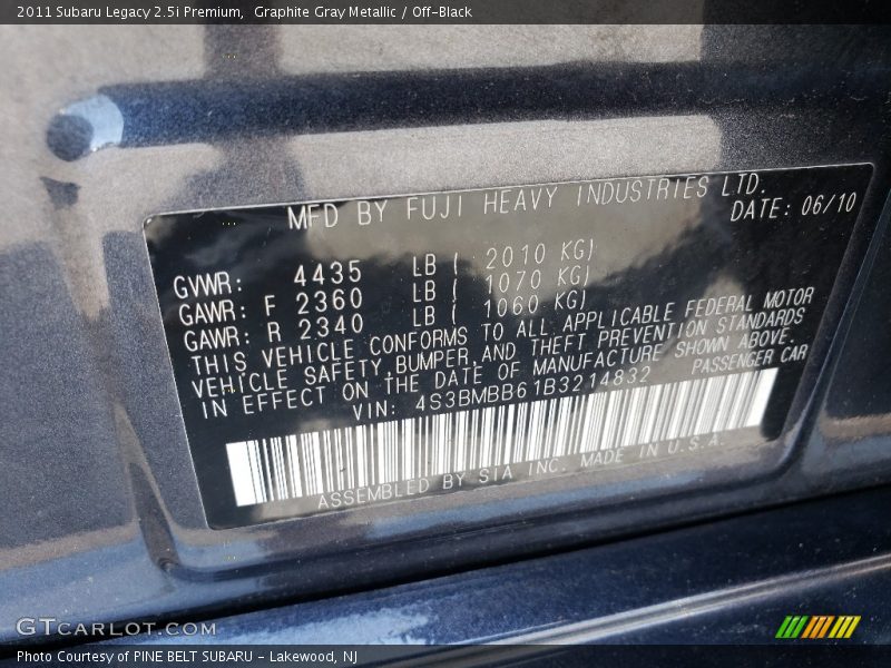Graphite Gray Metallic / Off-Black 2011 Subaru Legacy 2.5i Premium