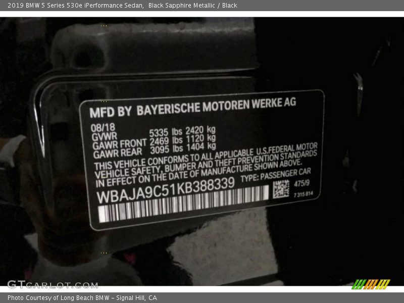 Black Sapphire Metallic / Black 2019 BMW 5 Series 530e iPerformance Sedan