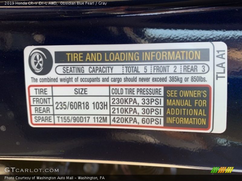 Obsidian Blue Pearl / Gray 2019 Honda CR-V EX-L AWD