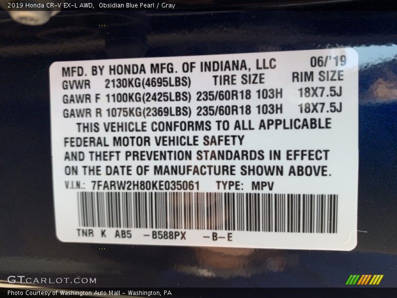 Obsidian Blue Pearl / Gray 2019 Honda CR-V EX-L AWD