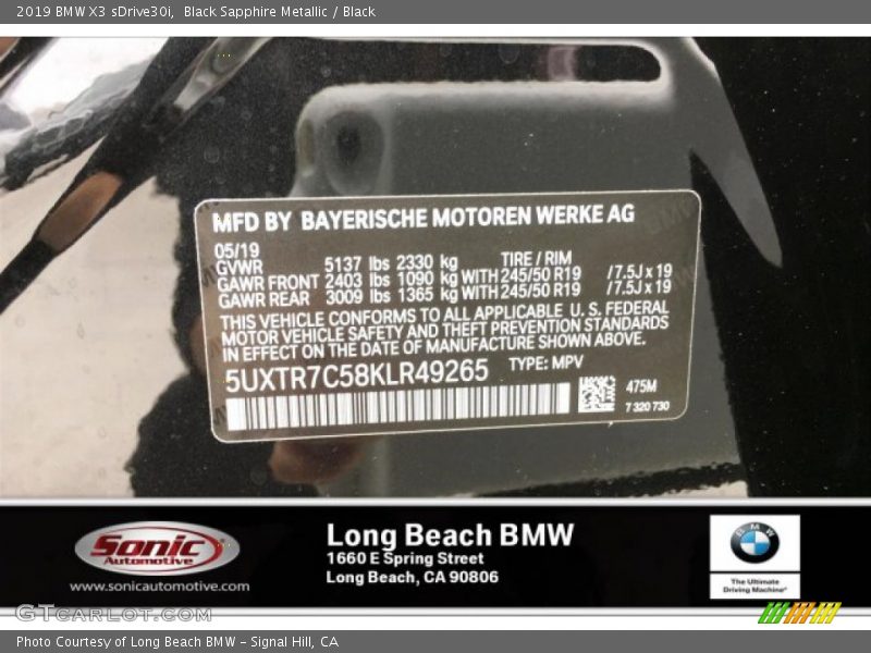 Black Sapphire Metallic / Black 2019 BMW X3 sDrive30i