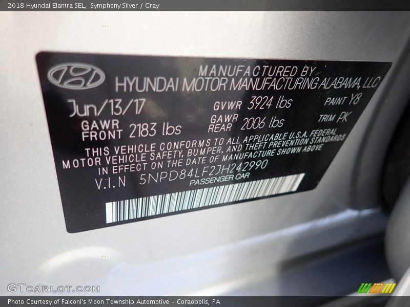 Symphony Silver / Gray 2018 Hyundai Elantra SEL
