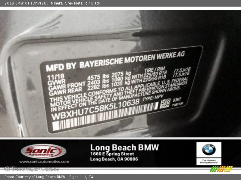Mineral Grey Metallic / Black 2019 BMW X1 sDrive28i