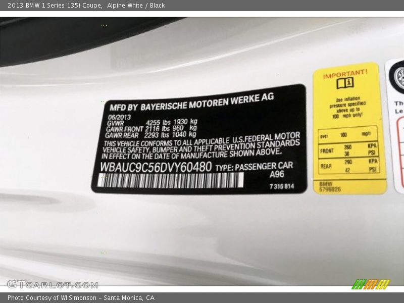 Alpine White / Black 2013 BMW 1 Series 135i Coupe