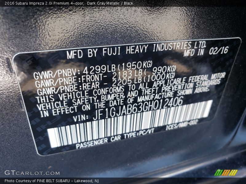 Dark Gray Metallic / Black 2016 Subaru Impreza 2.0i Premium 4-door