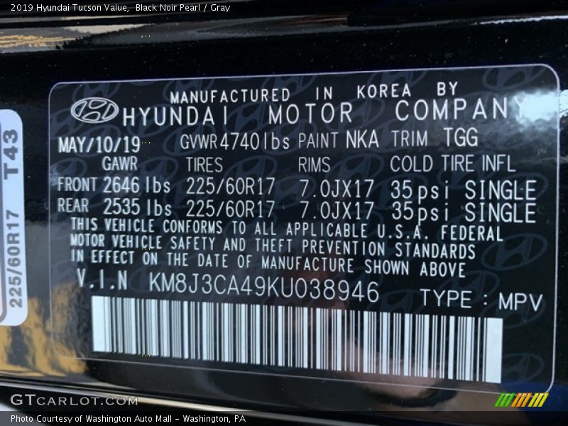 Black Noir Pearl / Gray 2019 Hyundai Tucson Value