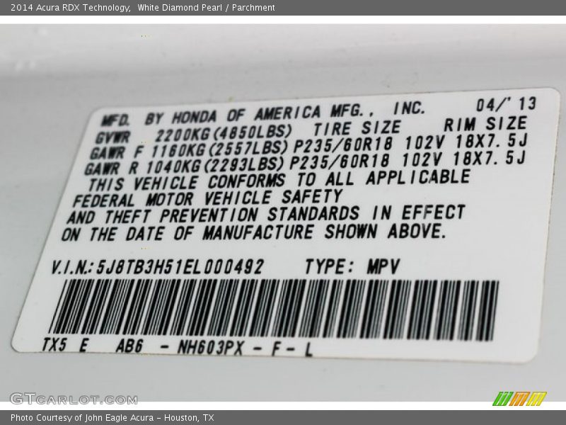 White Diamond Pearl / Parchment 2014 Acura RDX Technology
