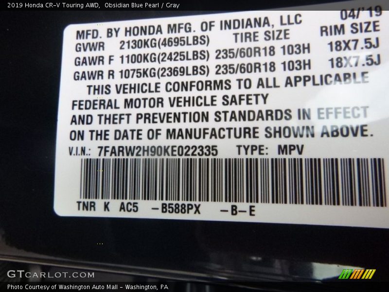 Obsidian Blue Pearl / Gray 2019 Honda CR-V Touring AWD