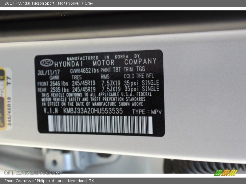 Molten Silver / Gray 2017 Hyundai Tucson Sport
