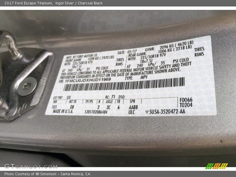 Ingot Silver / Charcoal Black 2017 Ford Escape Titanium