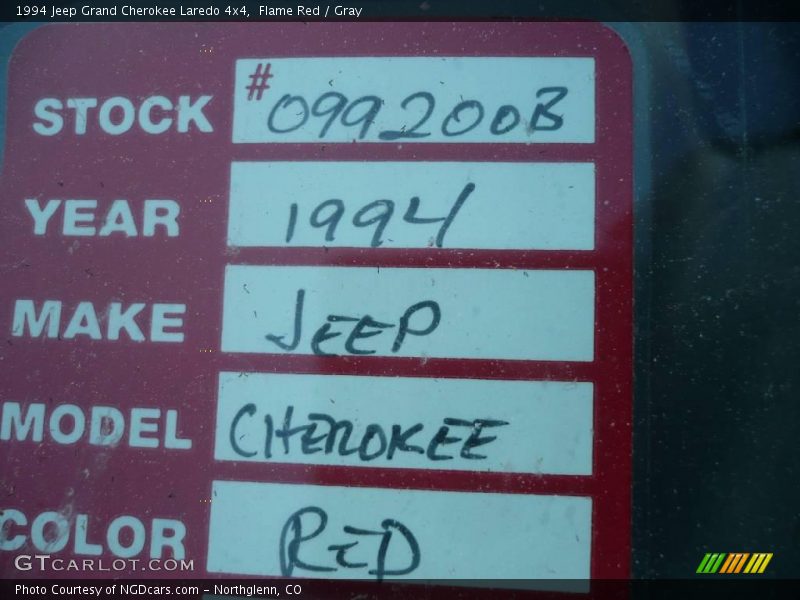 Flame Red / Gray 1994 Jeep Grand Cherokee Laredo 4x4