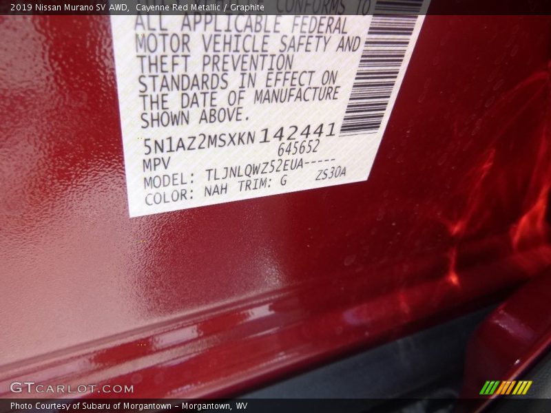 2019 Murano SV AWD Cayenne Red Metallic Color Code NAH