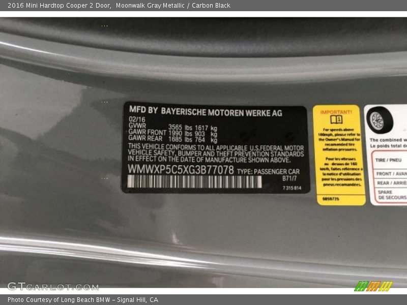 Moonwalk Gray Metallic / Carbon Black 2016 Mini Hardtop Cooper 2 Door