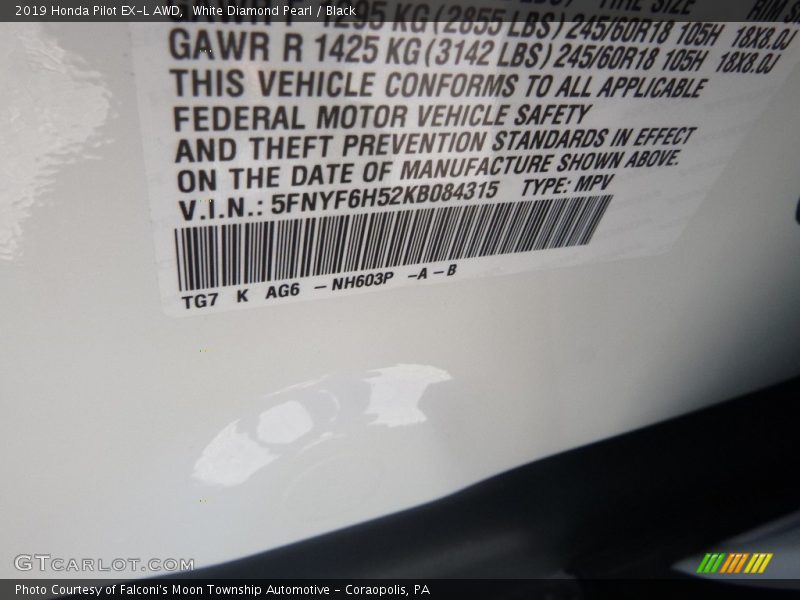 White Diamond Pearl / Black 2019 Honda Pilot EX-L AWD