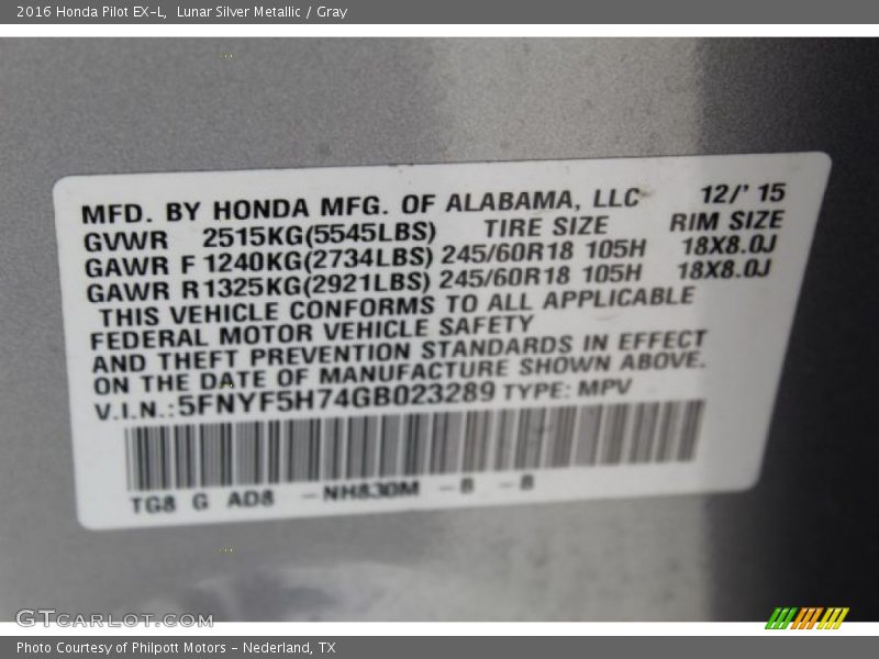 Lunar Silver Metallic / Gray 2016 Honda Pilot EX-L