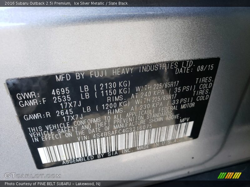 Ice Silver Metallic / Slate Black 2016 Subaru Outback 2.5i Premium