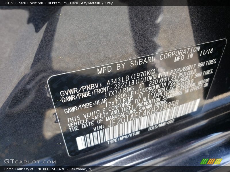 Dark Gray Metallic / Gray 2019 Subaru Crosstrek 2.0i Premium