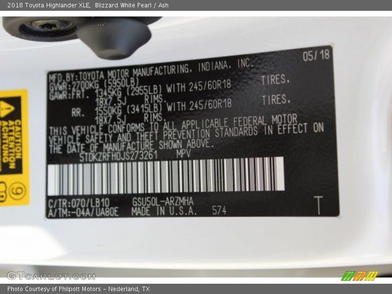 Blizzard White Pearl / Ash 2018 Toyota Highlander XLE