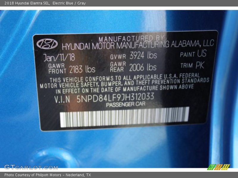 Electric Blue / Gray 2018 Hyundai Elantra SEL