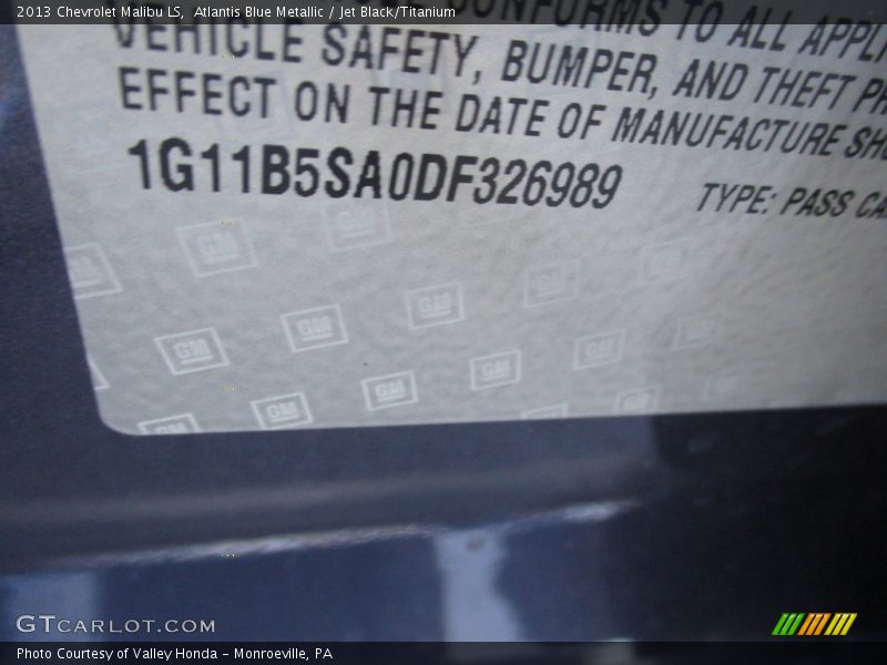 Atlantis Blue Metallic / Jet Black/Titanium 2013 Chevrolet Malibu LS