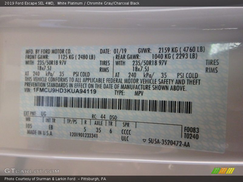 White Platinum / Chromite Gray/Charcoal Black 2019 Ford Escape SEL 4WD