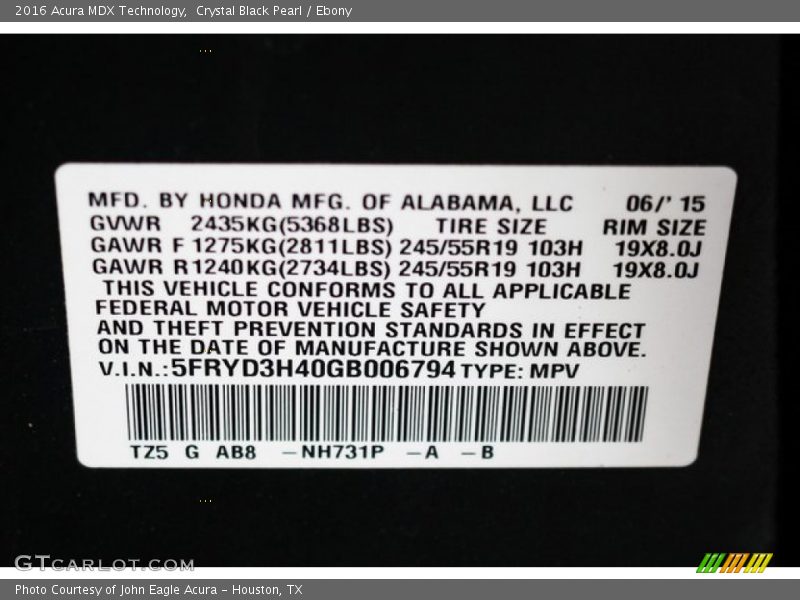 Crystal Black Pearl / Ebony 2016 Acura MDX Technology