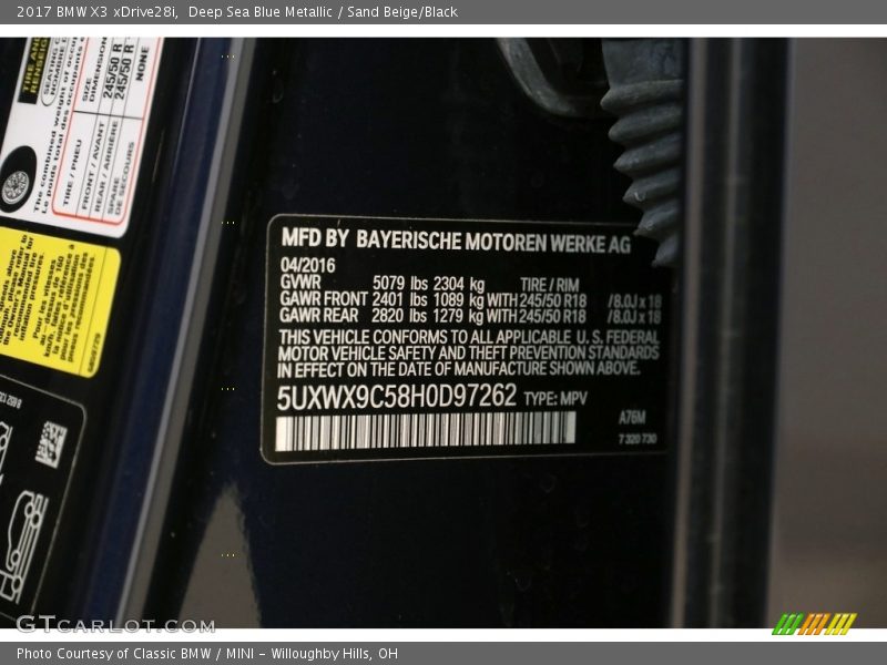 Deep Sea Blue Metallic / Sand Beige/Black 2017 BMW X3 xDrive28i