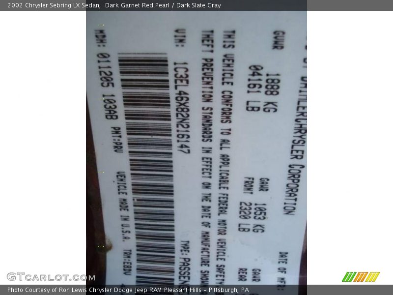 Dark Garnet Red Pearl / Dark Slate Gray 2002 Chrysler Sebring LX Sedan
